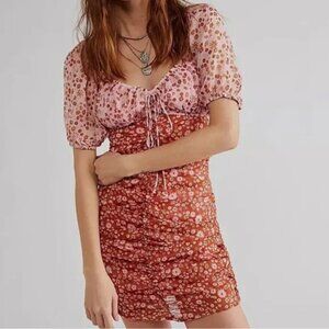 Free People Tessa Ruched Pink Mini Dress Size Small Floral Boho Bodycon NWOT